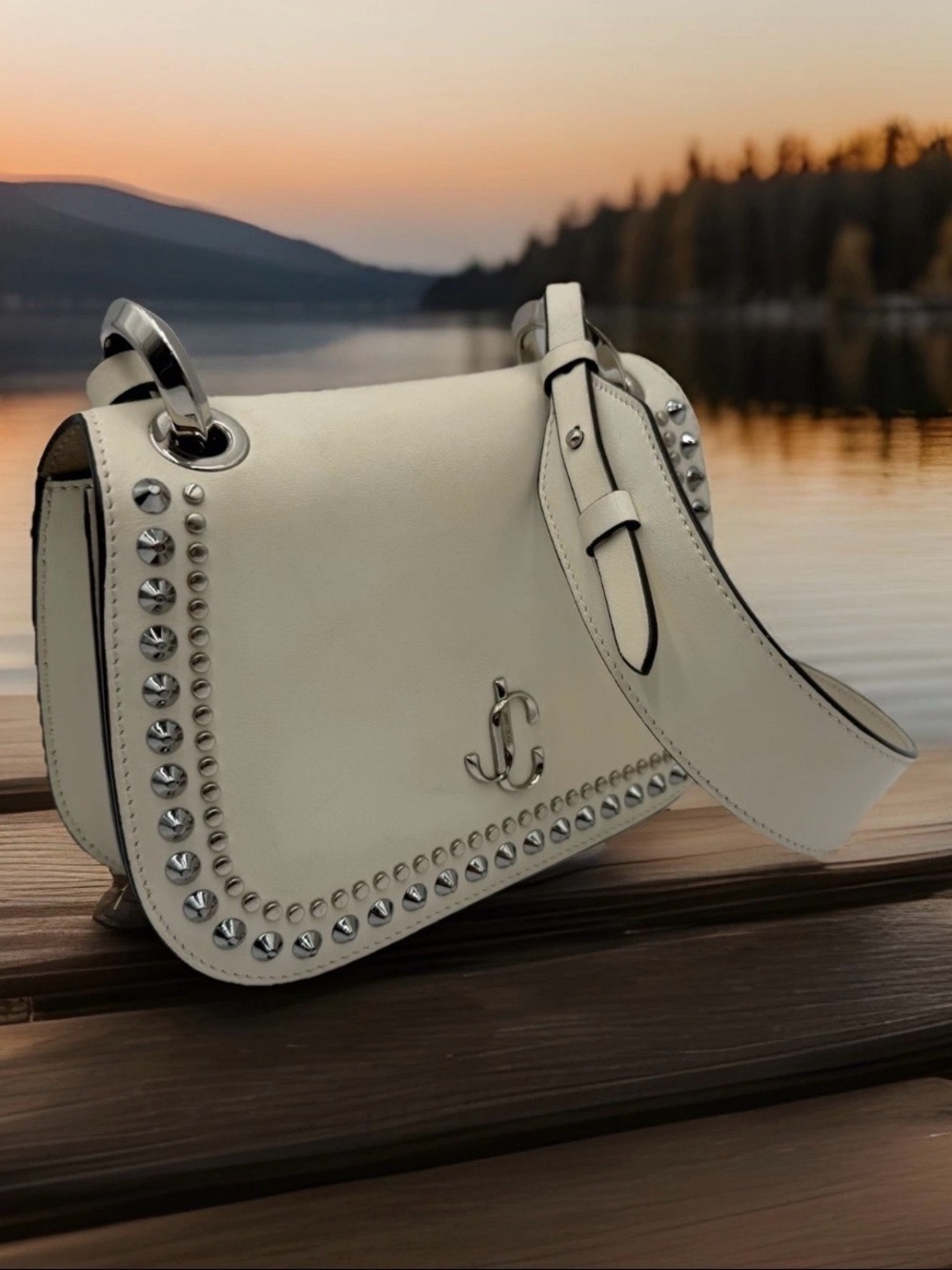 JIMMY CHOO Varenne White Crossbody Leather Studded Bag Authentic